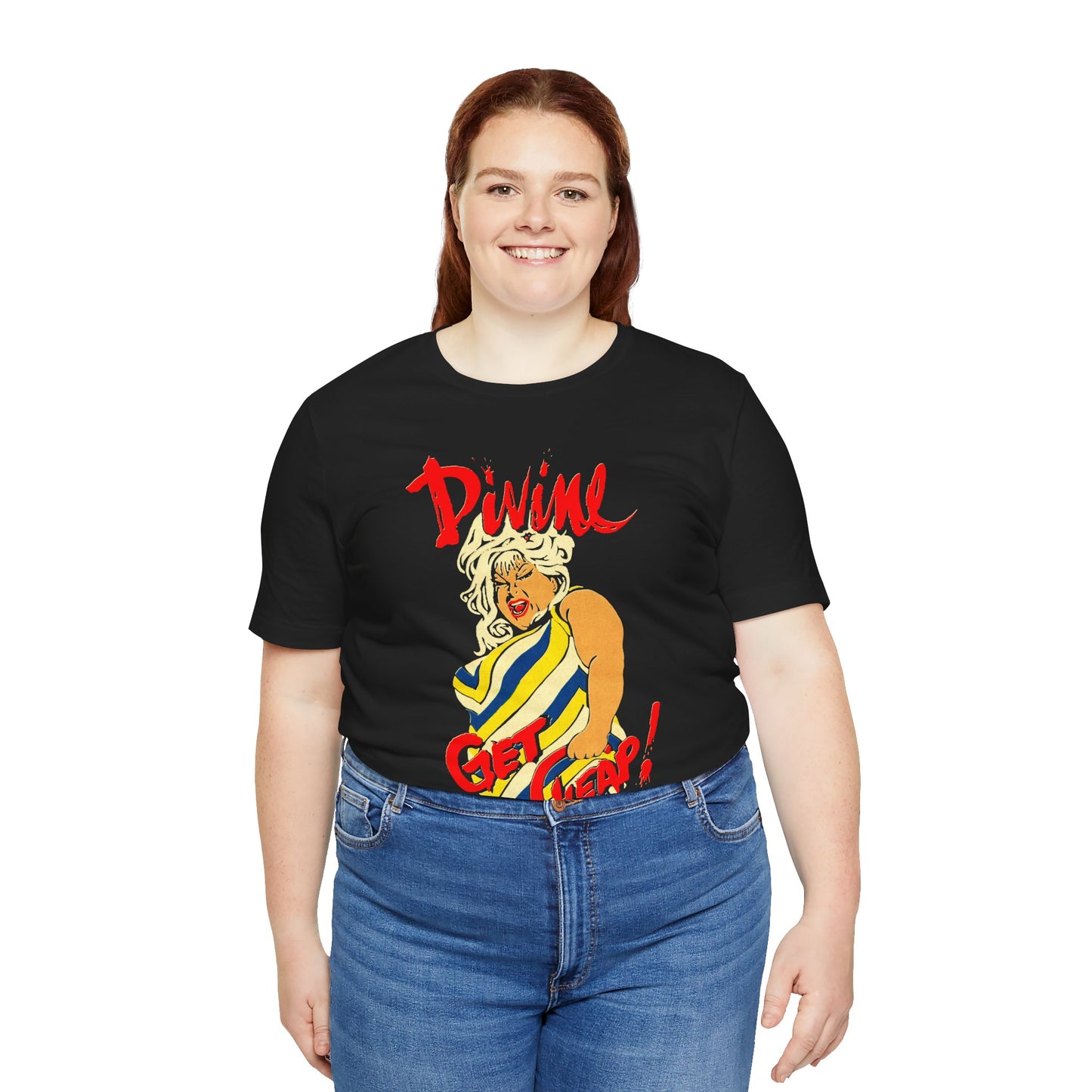 Divine Get Cheap! (Replica Early 80's Born to Be Cheap Promo Shirt/Graphic with Vintage Comic Effect/Divine Born to Be Cheap)