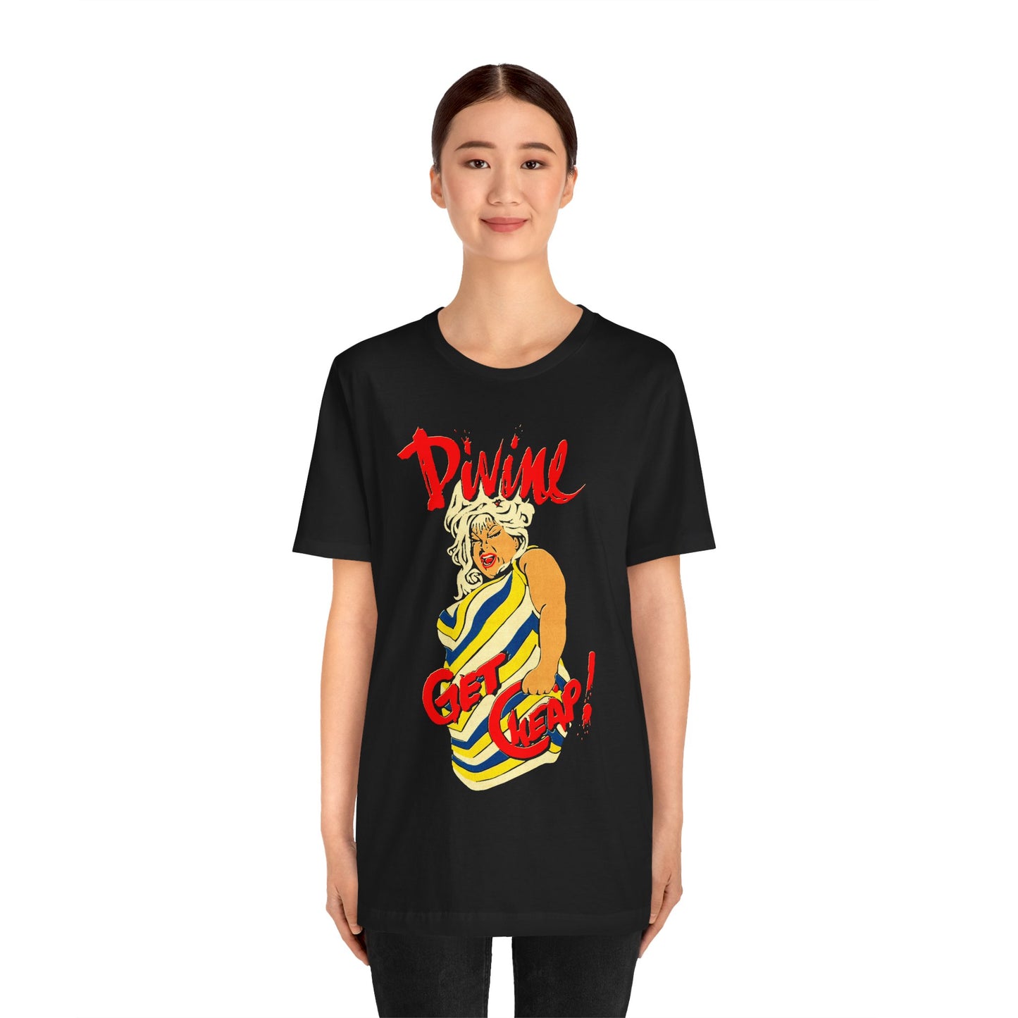 Divine Get Cheap! (Replica Early 80's Born to Be Cheap Promo Shirt/Graphic with Vintage Comic Effect/Divine Born to Be Cheap)