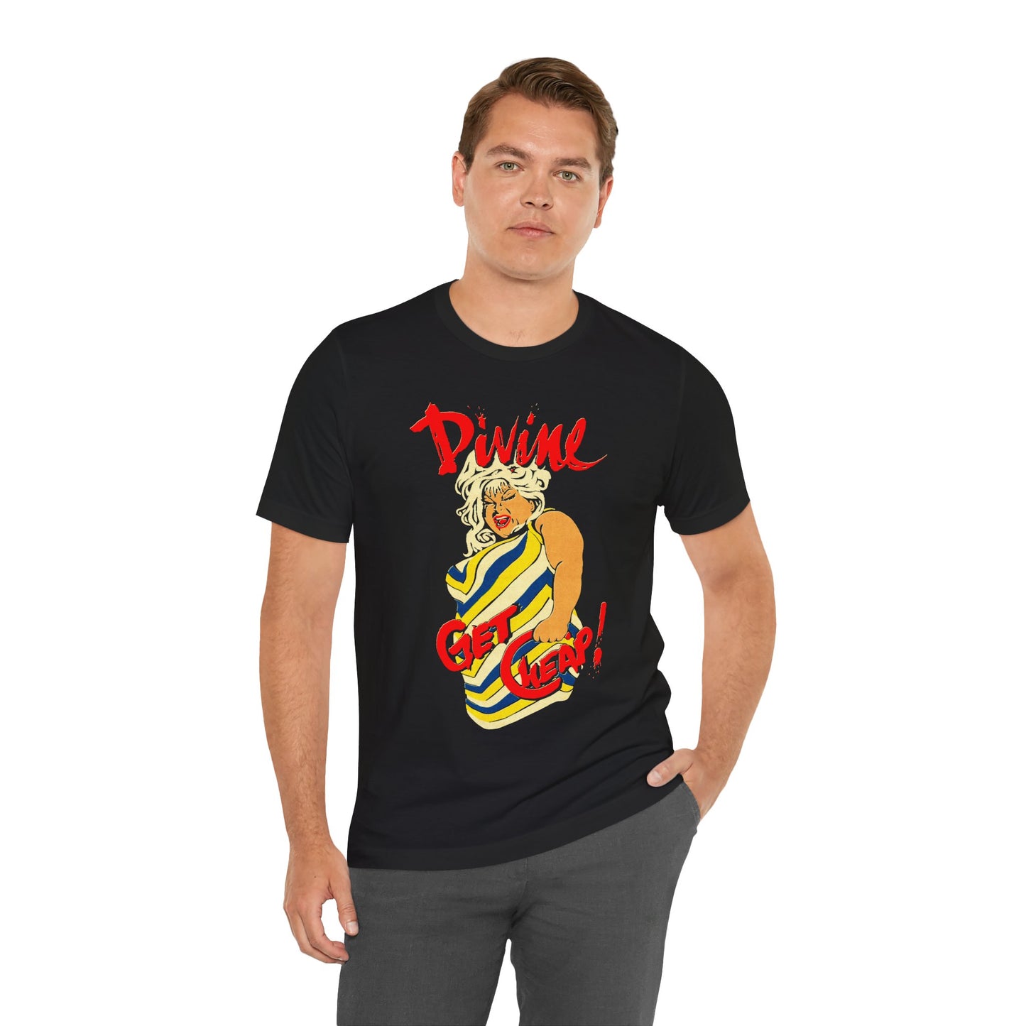 Divine Get Cheap! (Replica Early 80's Born to Be Cheap Promo Shirt/Graphic with Vintage Comic Effect/Divine Born to Be Cheap)