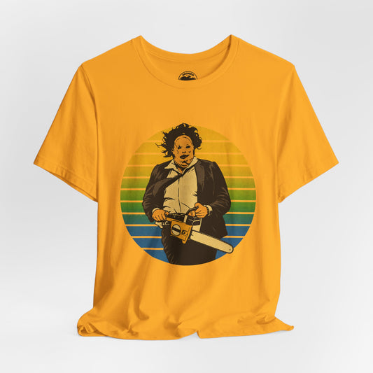 Leatherface (70's Sportswear Style Graphic with Vintage Print Effect/Texas Chainsaw Massacre Shirt)