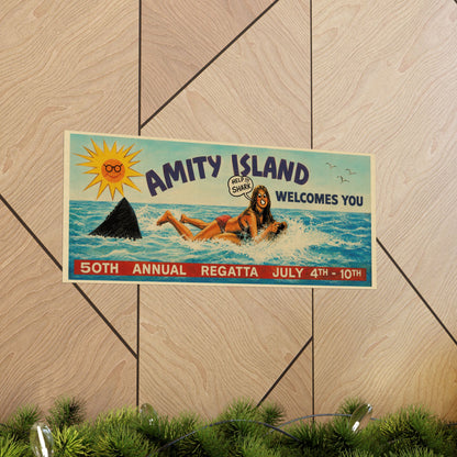 Jaws Amity Island Billboard Poster (Replica Help Shark! Billboard Graphic with Vintage Print Effect/Jaws Poster)