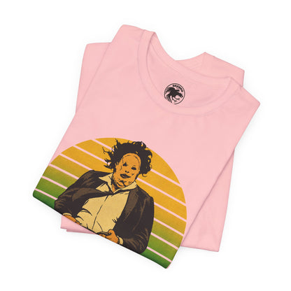 Leatherface (70's Sportswear Style Graphic with Vintage Print Effect/Texas Chainsaw Massacre Shirt)