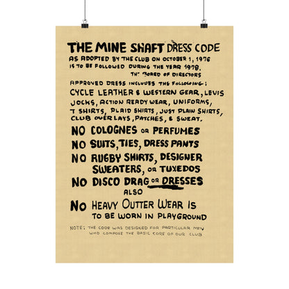 The Mineshaft Dress Code Poster (Reprint of Handwritten Dress Code/New York City Leather Bar)