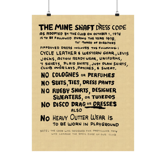 The Mineshaft Dress Code Poster (Reprint of Handwritten Dress Code/New York City Leather Bar)