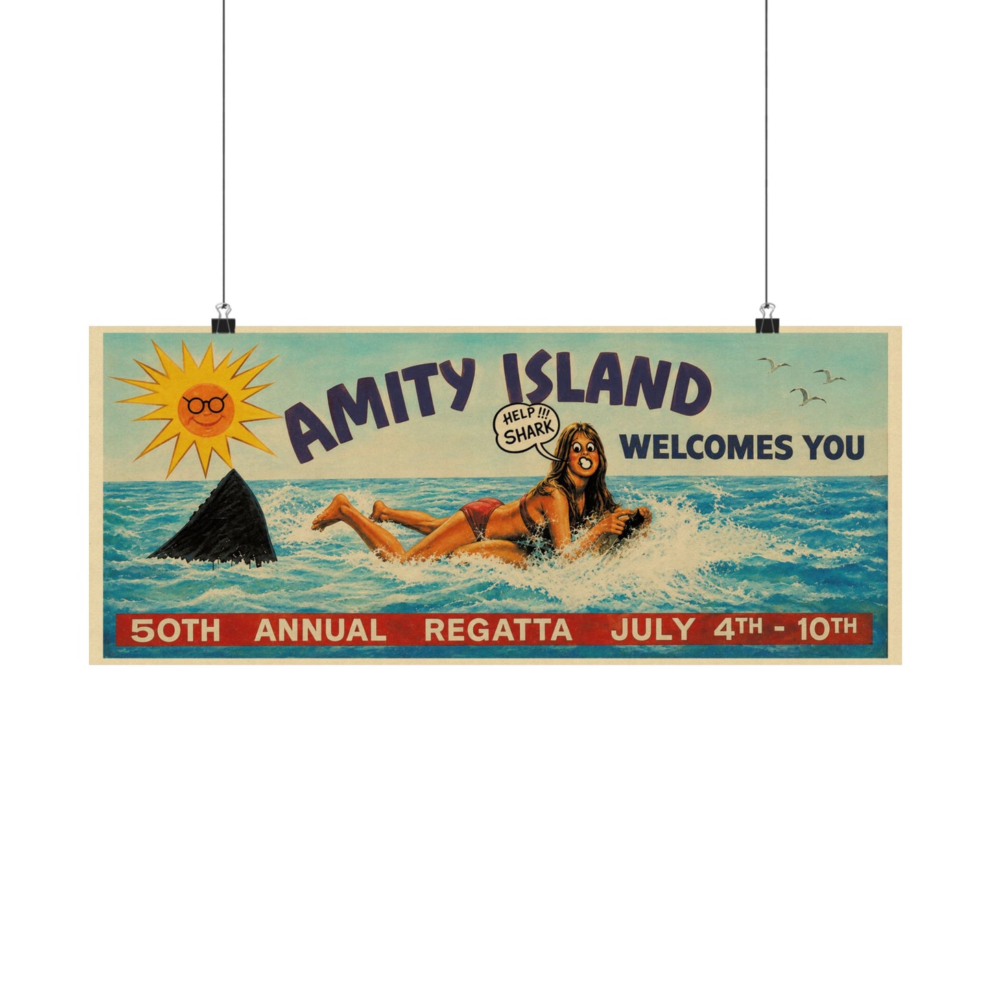 Jaws Amity Island Billboard Poster (Replica Help Shark! Billboard Graphic with Vintage Print Effect/Jaws Poster)
