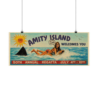 Jaws Amity Island Billboard Poster (Replica Help Shark! Billboard Graphic with Vintage Print Effect/Jaws Poster)