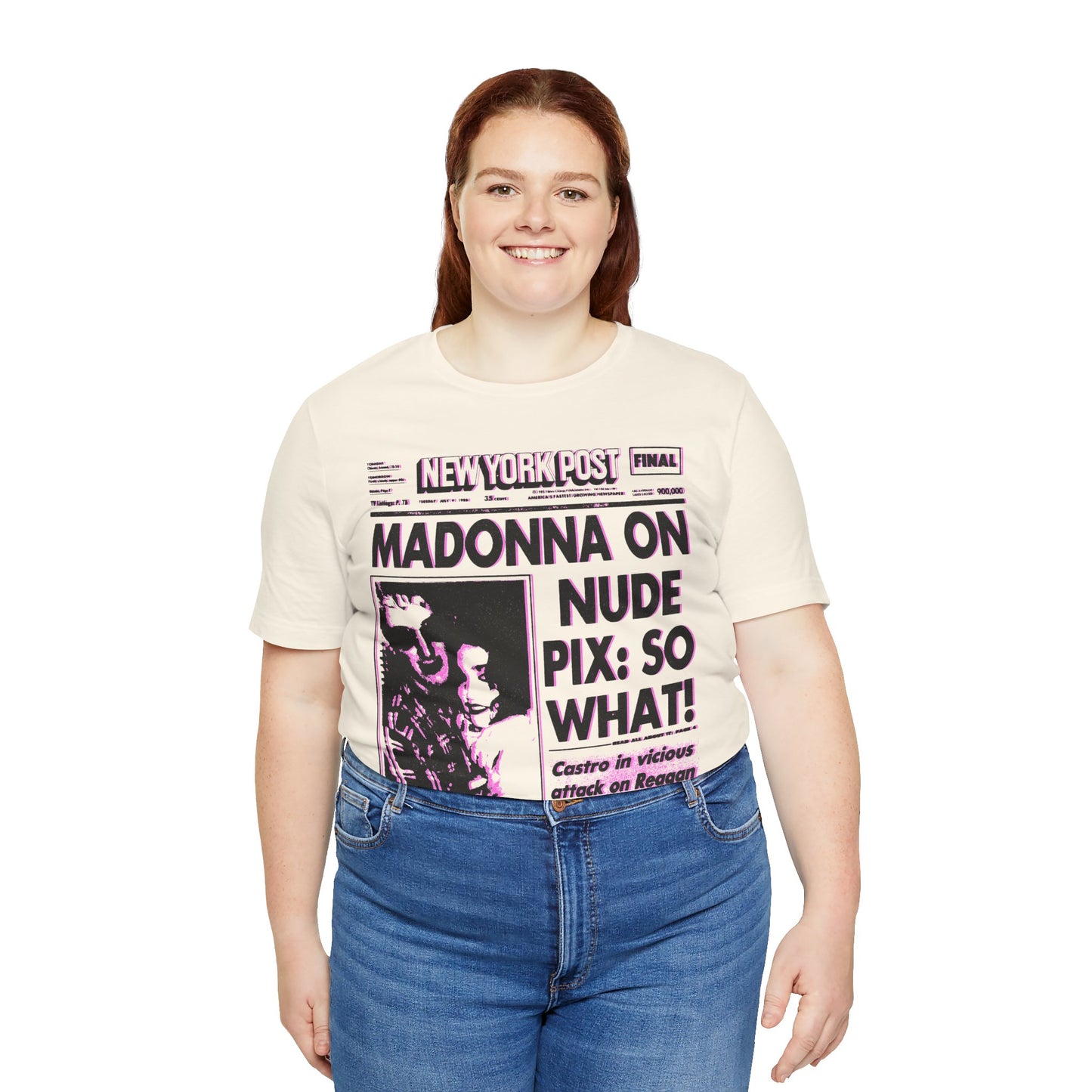Madonna (1985 New York Post Front Page “SO WHAT!”/Graphic with Vintage Pop Art Print Effect/Madonna Shirt)