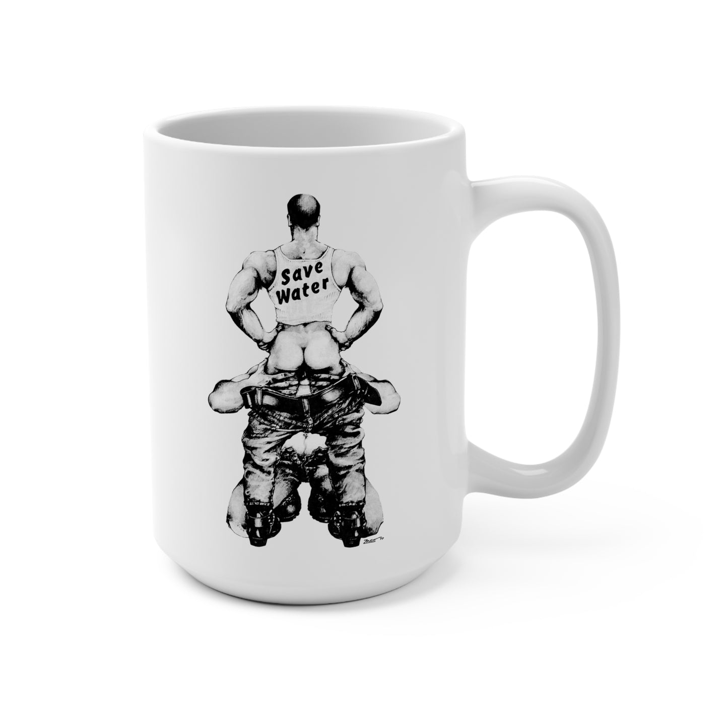 Save Water Coffee Mug (1977 Zach Illustration for Drummer Magazine/15 oz. White Ceramic)