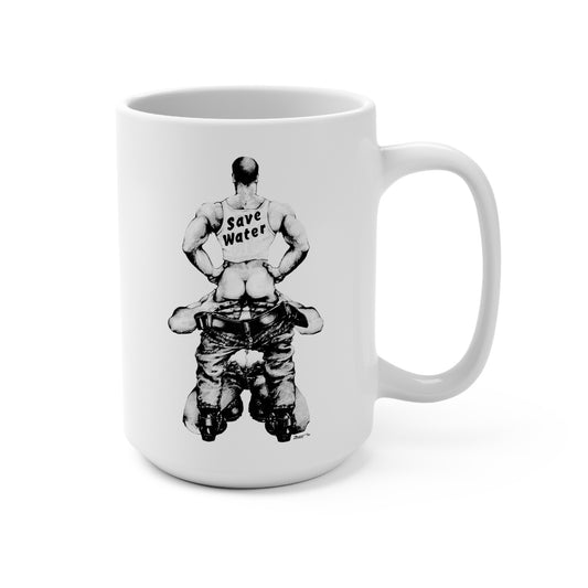 Save Water Coffee Mug (1977 Zach Illustration for Drummer Magazine/15 oz. White Ceramic)