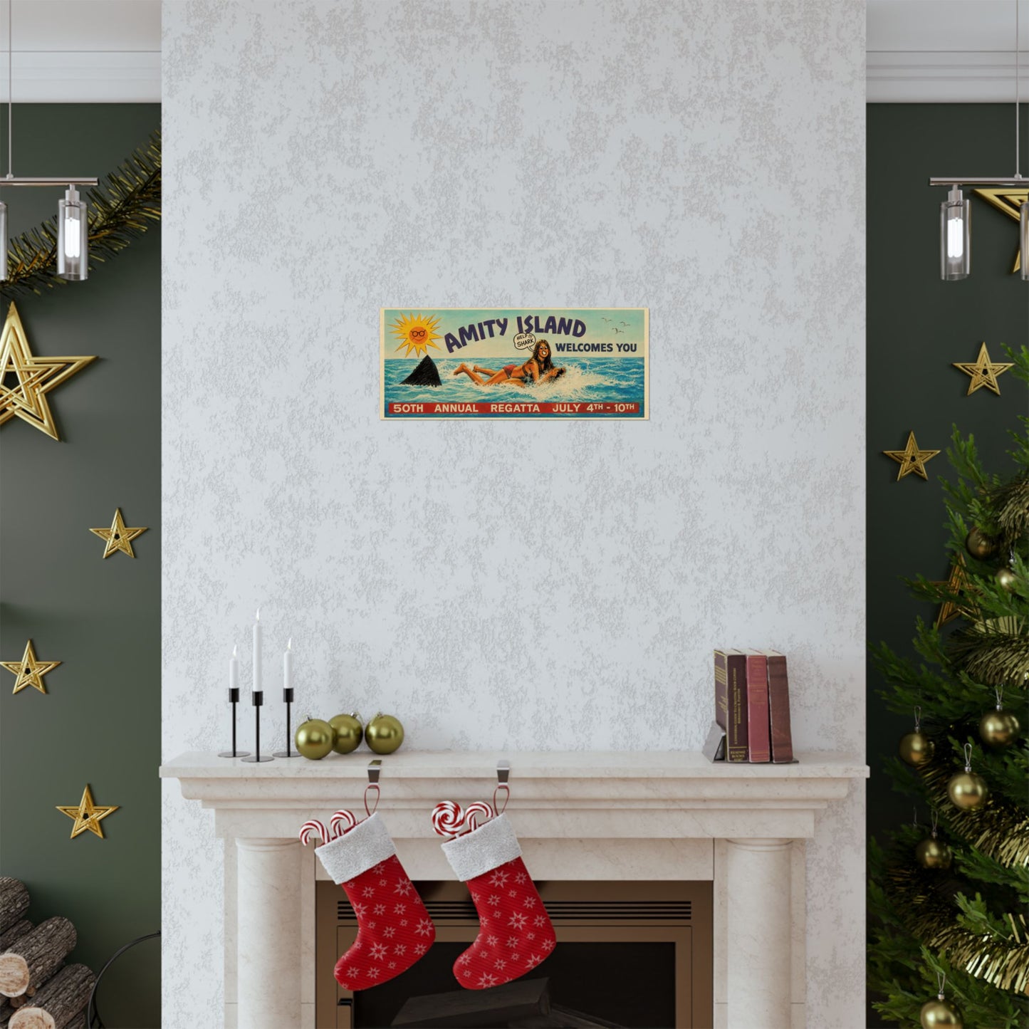 Jaws Amity Island Billboard Poster (Replica Help Shark! Billboard Graphic with Vintage Print Effect/Jaws Poster)