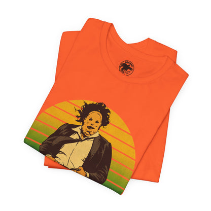 Leatherface (70's Sportswear Style Graphic with Vintage Print Effect/Texas Chainsaw Massacre Shirt)
