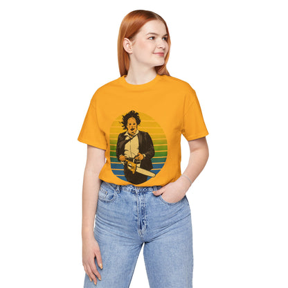 Leatherface (70's Sportswear Style Graphic with Vintage Print Effect/Texas Chainsaw Massacre Shirt)