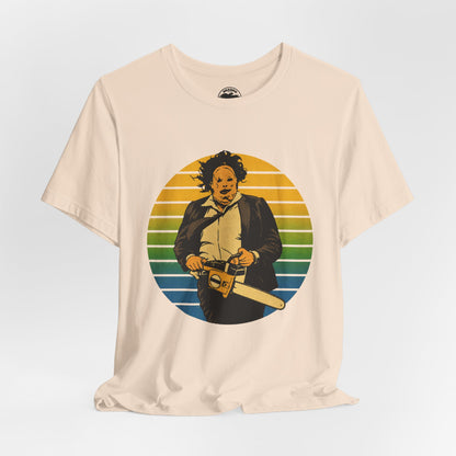 Leatherface (70's Sportswear Style Graphic with Vintage Print Effect/Texas Chainsaw Massacre Shirt)