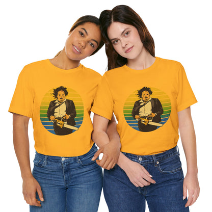 Leatherface (70's Sportswear Style Graphic with Vintage Print Effect/Texas Chainsaw Massacre Shirt)