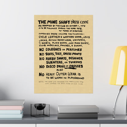 The Mineshaft Dress Code Poster (Reprint of Handwritten Dress Code/New York City Leather Bar)