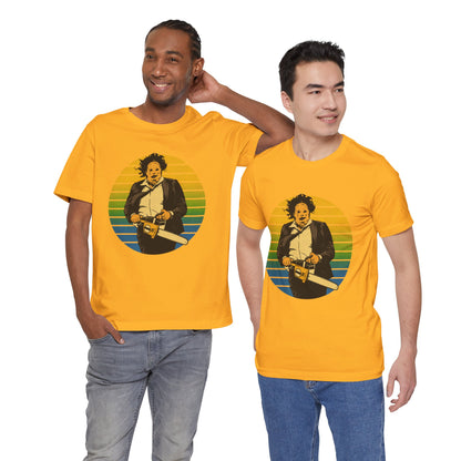 Leatherface (70's Sportswear Style Graphic with Vintage Print Effect/Texas Chainsaw Massacre Shirt)