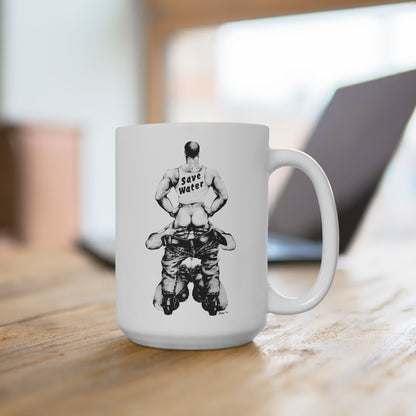 Save Water Coffee Mug (1977 Zach Illustration for Drummer Magazine/15 oz. White Ceramic)