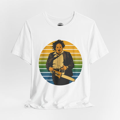 Leatherface (70's Sportswear Style Graphic with Vintage Print Effect/Texas Chainsaw Massacre Shirt)