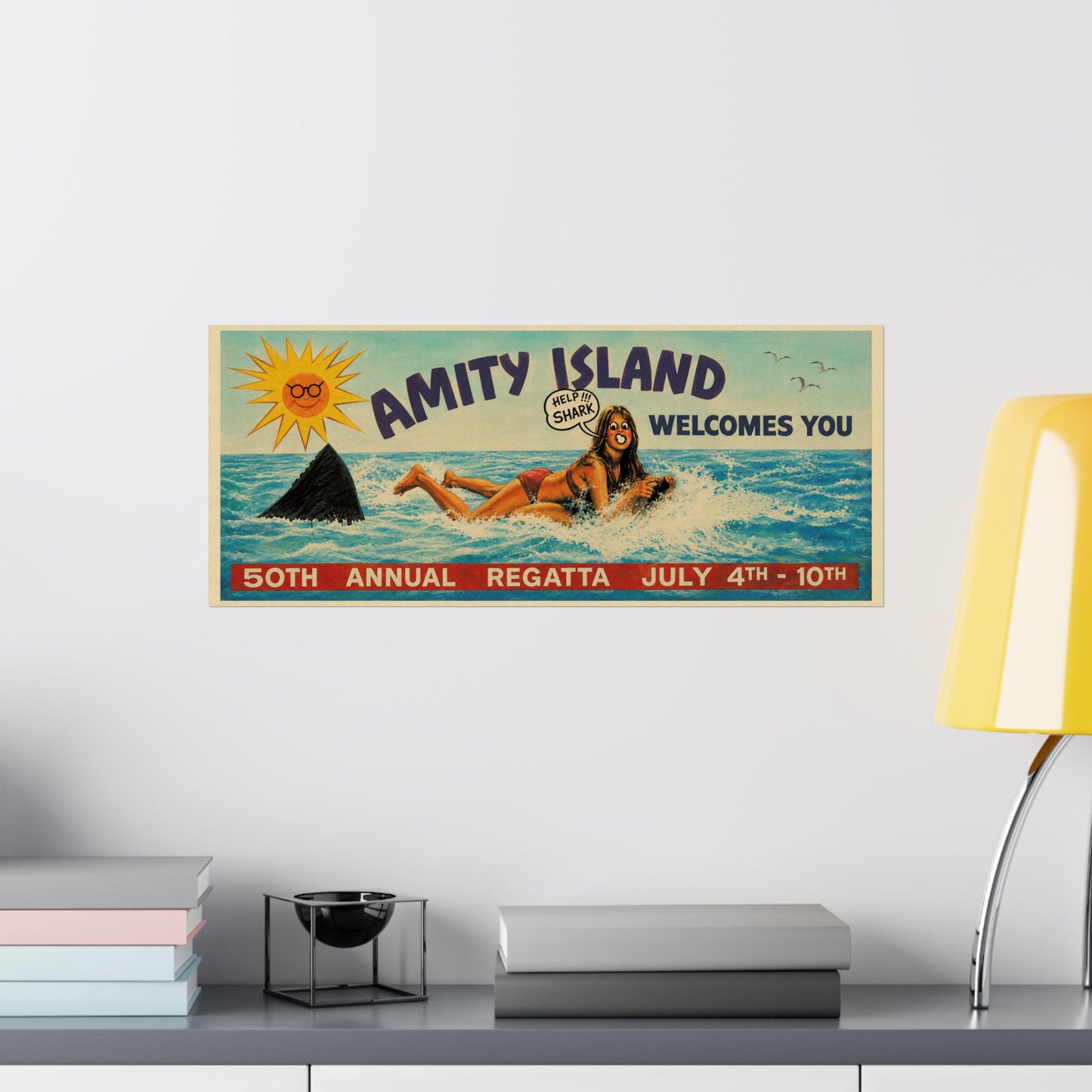 Jaws Amity Island Billboard Poster (Replica Help Shark! Billboard Graphic with Vintage Print Effect/Jaws Poster)