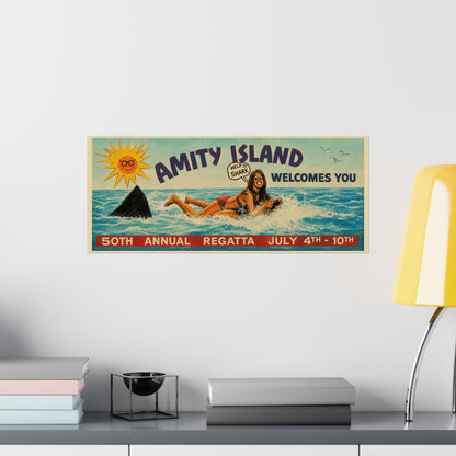Jaws Amity Island Billboard Poster (Replica Help Shark! Billboard Graphic with Vintage Print Effect/Jaws Poster)