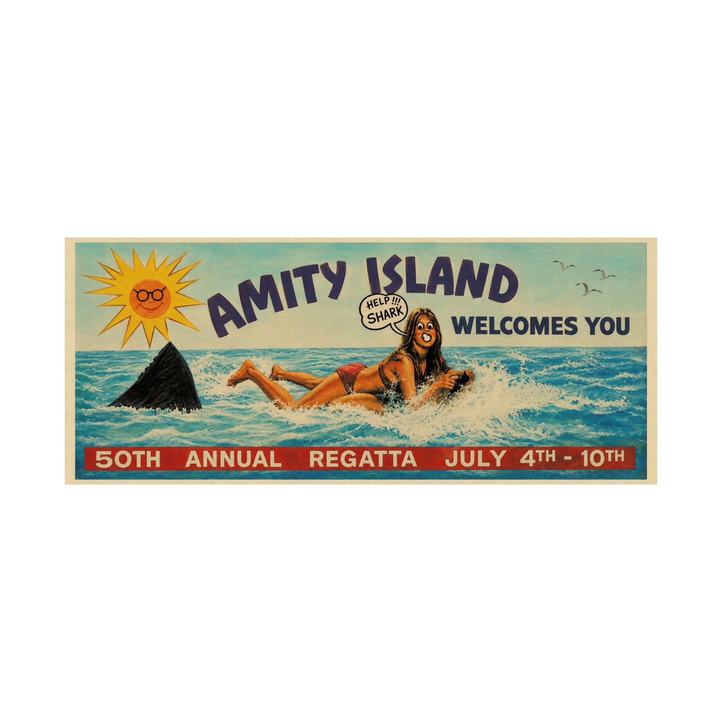 Jaws Amity Island Billboard Poster (Replica Help Shark! Billboard Graphic with Vintage Print Effect/Jaws Poster)