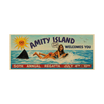 Jaws Amity Island Billboard Poster (Replica Help Shark! Billboard Graphic with Vintage Print Effect/Jaws Poster)