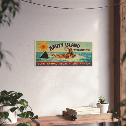 Jaws Amity Island Billboard Poster (Replica Help Shark! Billboard Graphic with Vintage Print Effect/Jaws Poster)
