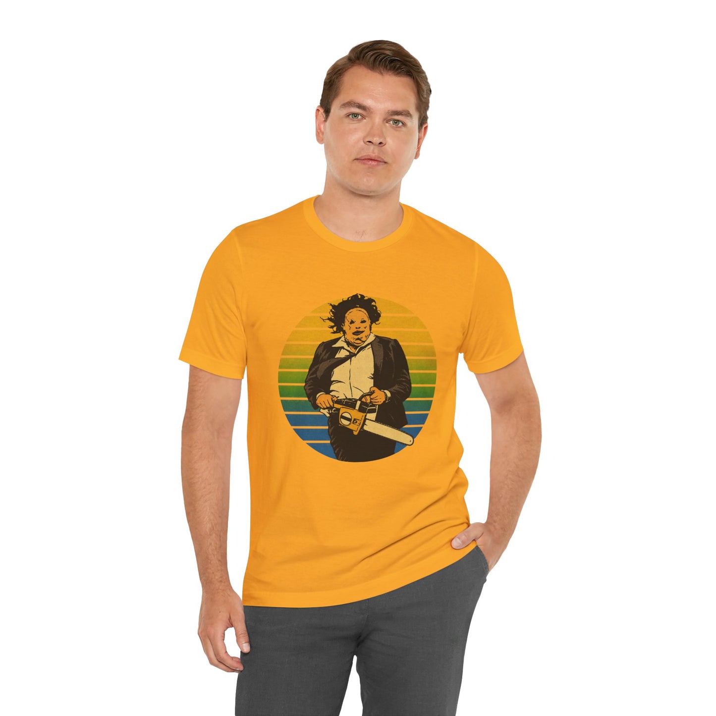 Leatherface (70's Sportswear Style Graphic with Vintage Print Effect/Texas Chainsaw Massacre Shirt)