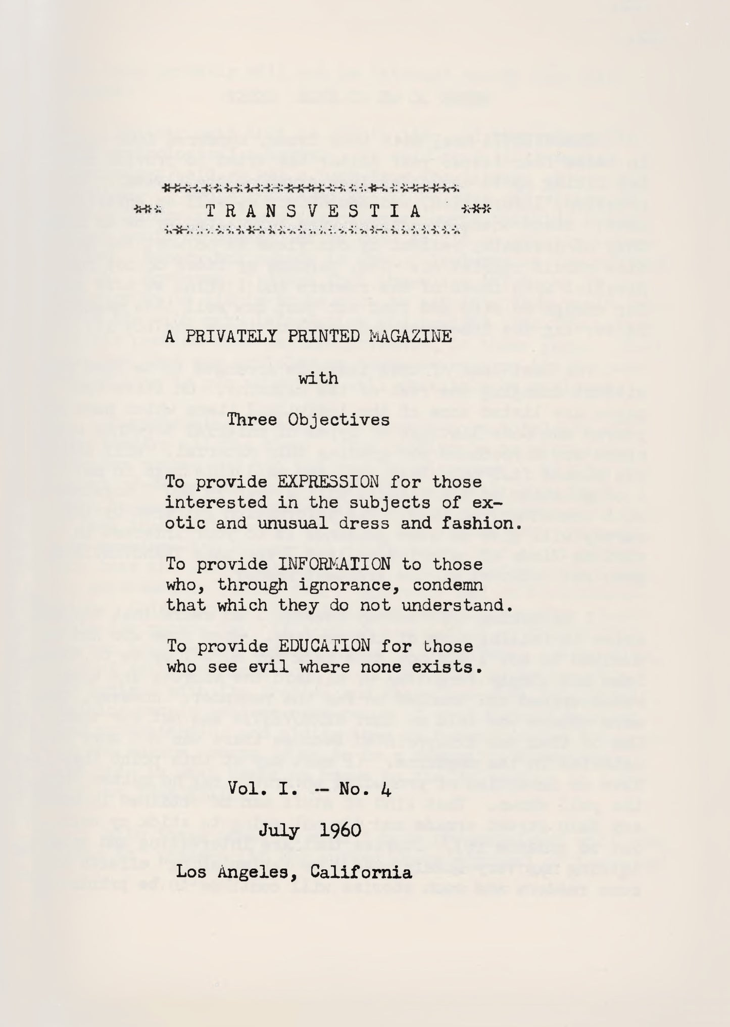 Transvestia (Privately Published Zine/First Edition Artwork from 1960)